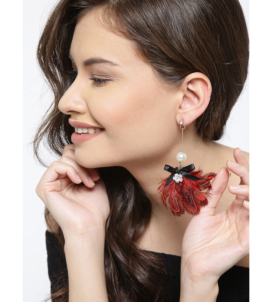 YouBella Red Gold-Plated Feather-Shaped Drop Earrings